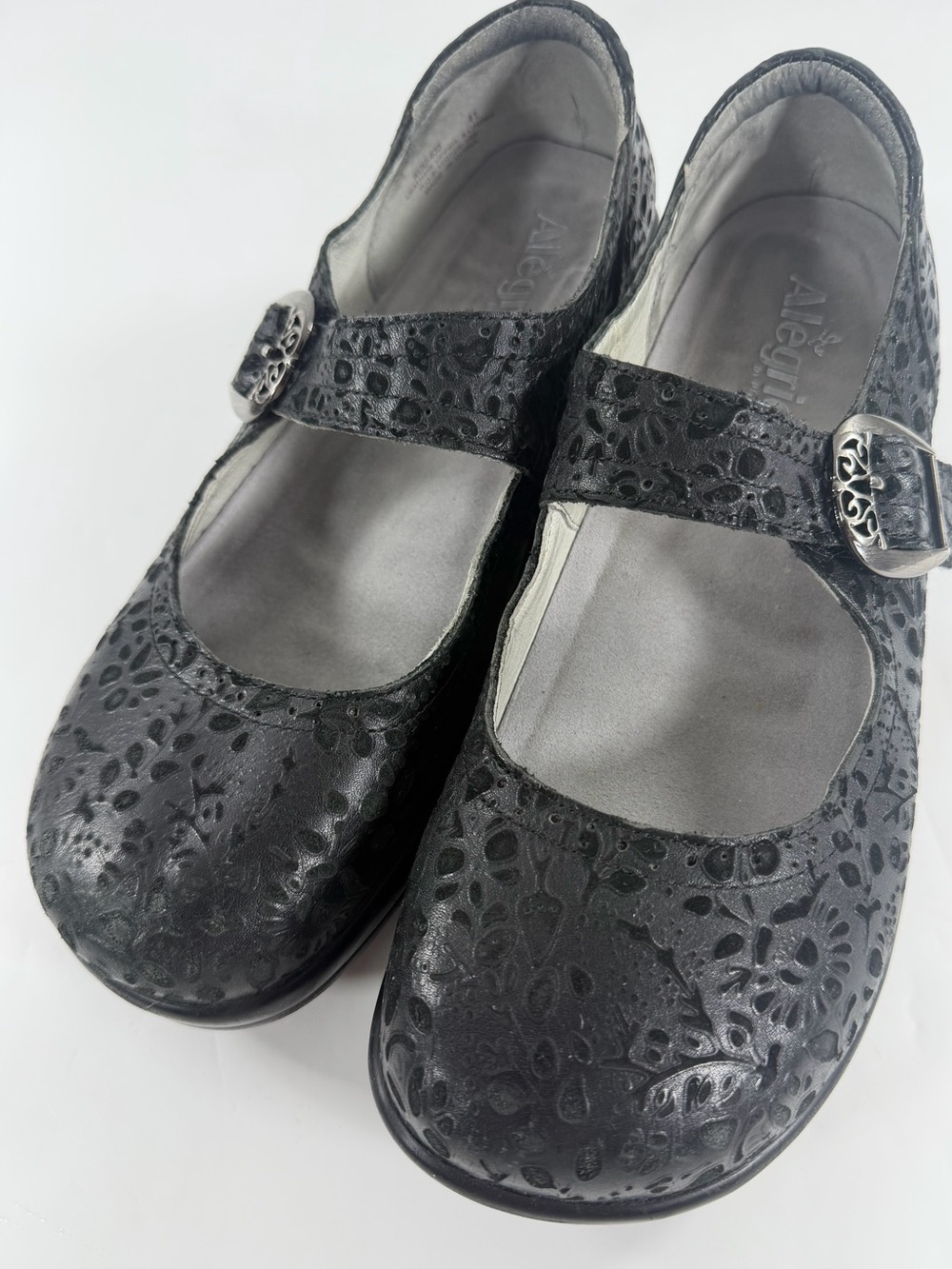 Alegria Paloma Black Embossed Floral Leather Mary Jane Comfort Shoes EU 41